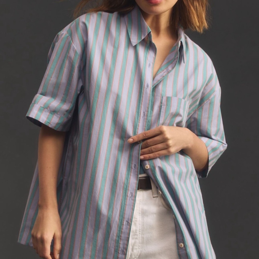 Anthropologie Striped Button Down Shirt XL Purple Teal Orange Boho Coastal Chic